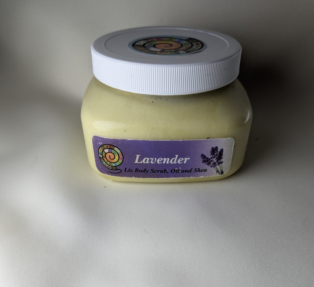 Jar of Liz Body Scrub, Oil and Shea in Lavender, whipped to a soft butter-yellow with a hand-labeled purple lavender sticker